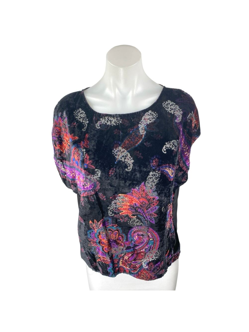 Ecote Multicolor Velvet Velour Paisley Short Sleeve Sheer Mesh Blouse Top Size M